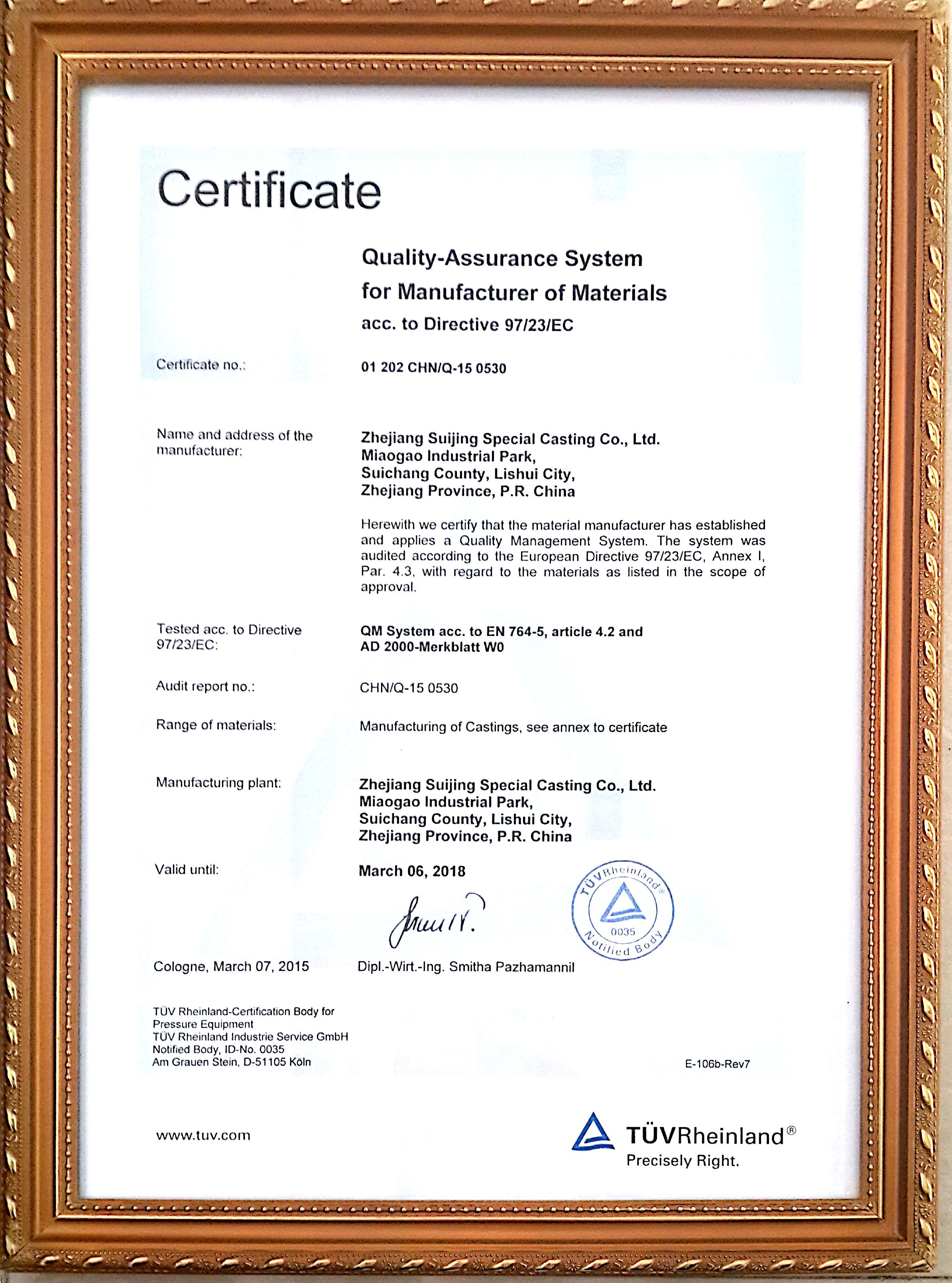 CHINA Ningbo Suijin Machinery Technology Co.,Ltd Certificaten